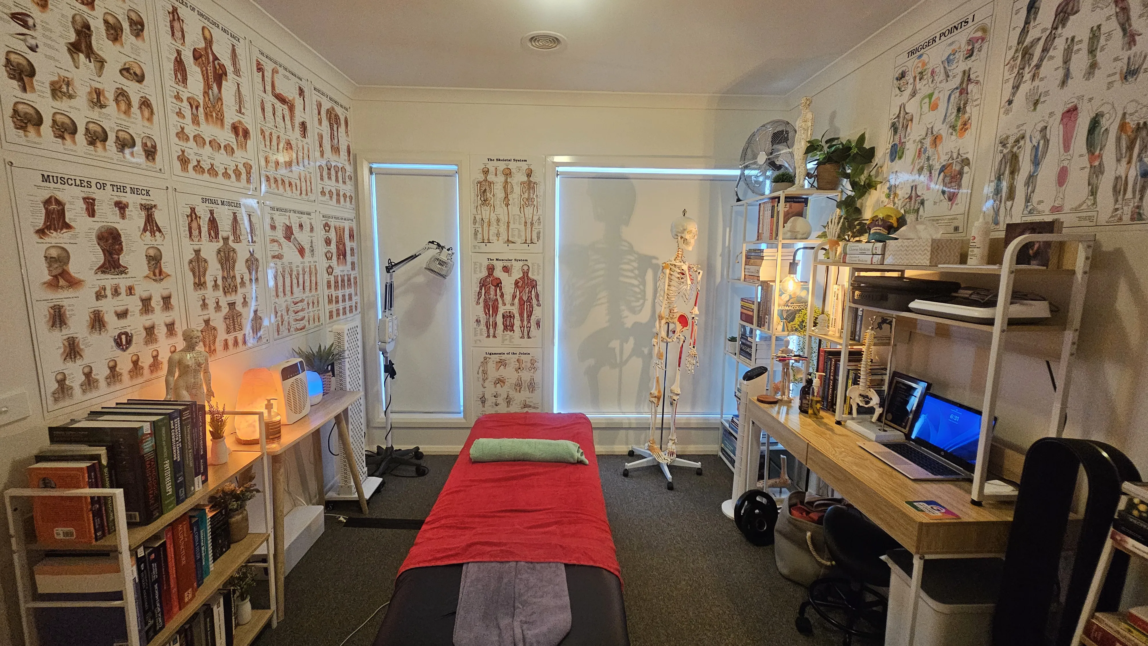 Treatment room with anatomy charts and treatment table